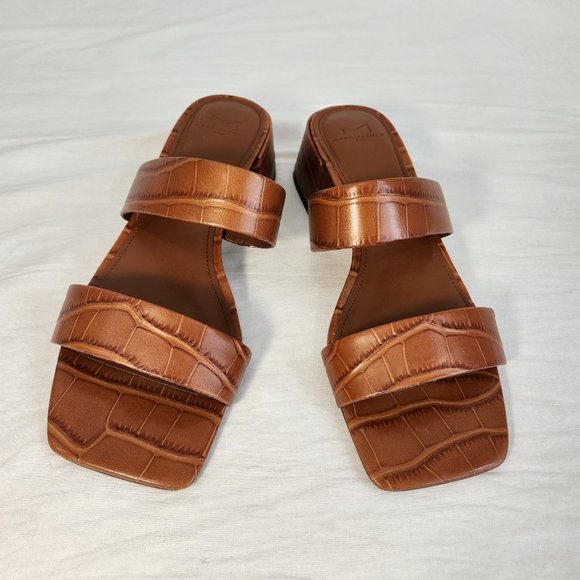 Marc Fisher Shoes - MARK FISHER Square Toe Embossed Dark Brown Leather Slide Sandal Size 9M LIKE NEW